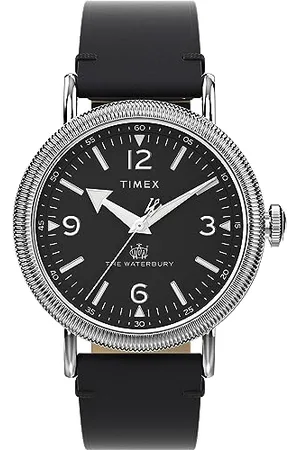 Timex Orologio da uomo Waterbury da 40 mm, cinturino a sgancio rapido in due pezzi in pelle nera, quadrante nero, cassa argentata TW2W20200