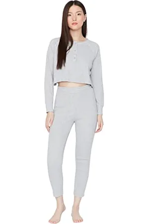 Trendyol Damen Unifarben Mitte Gestrickt T-Shirt-Hose Pyjama, Set Pigiama da Donna,