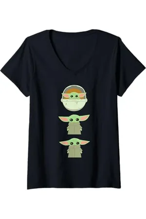 STAR WARS Donna The Mandalorian Grogu Trio Cartoon Poses Maglietta con Collo a V