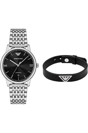 Emporio Armani Orologio da Uomo in Acciaio Inossidabile Argento e Bracciale in Pelle, Set