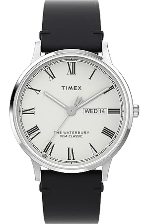 Timex Orologio da uomo Waterbury, 40 mm, cinturino a sgancio rapido in due pezzi in pelle nera, quadrante bianco, cassa in acciaio inox TW2W15000