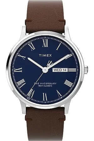 Timex Orologio da uomo Waterbury, 40 mm, cinturino a sgancio rapido in due pezzi in pelle marrone, quadrante blu, cassa in acciaio inox TW2W14900