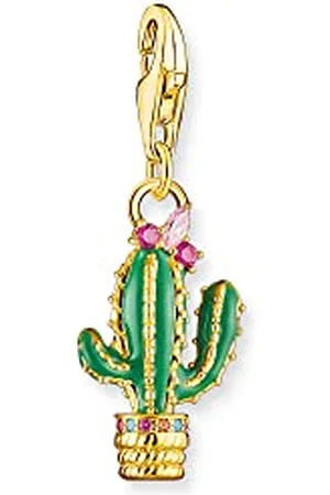 Thomas Sabo 1928-471-7 - Ciondolo a forma di cactus verde, in argento sterling 925 di alta qualità, placcato oro giallo 750, pietre e smalto freddo, dimensioni: 28 x 10 mm, misura unica, Argento