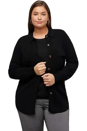 Ulla Popken Strick-Shacket, Hemdkragen, Brusttaschen, Langarm Pullover, Schwarz, 60-62 Donna
