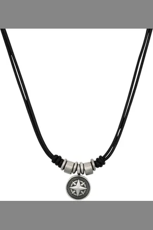 QS by s.Oliver Catena con Ciondolo Collana da Uomo in pelle e Acciaio Inossidabile, 45+5 cm, Argento, bussola, in confezione regalo, 2035536