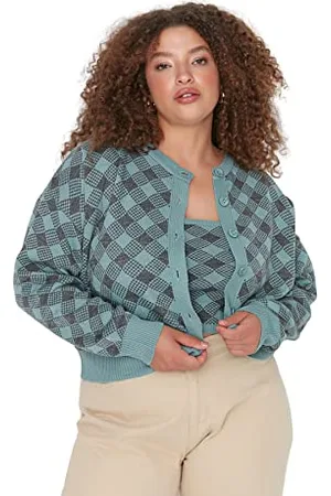 Trendyol Donna Regolare Standard Bomber Collar Maglieria Plus Size Cardigan Maglione, , 3XL
