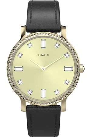 Timex Orologio da donna Trend da 34 mm, cinturino a sgancio rapido in due pezzi in pelle nera, quadrante color oro, cassa dorata TW2W84600