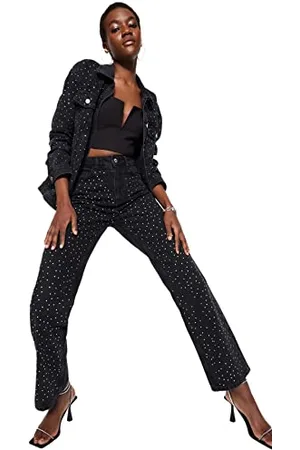Trendyol Damen Gerade Weites Bein Hohe Taille Jeans, Black, 36 da Donna