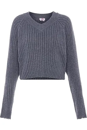 myMo Maglione da Donna in Maglia a Coste con Scollo a V, in Poliestere, Grigio Scuro, mélange, Taglia M