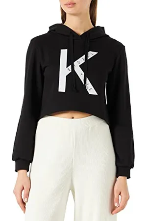KENDALL + KYLIE KENDALL & KYLIE K&K W Cropped Loose Hoody Sweatshirt KKW3711613 Hooded, Black, L Women
