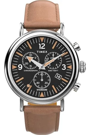 Timex Orologio cronografo da uomo Waterbury, 41 mm, cinturino a sgancio rapido in due pezzi in pelle , quadrante nero, cassa argentata TW2W84500