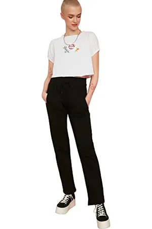 Trendyol Black High Waist Straight Fit Knitted Slim Tracksuit Pantaloni della Tuta, Donna