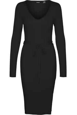 VERO MODA Vmsaba Rib LS V-Neck Belt Dress Ga Noos Vestito, , M Donna