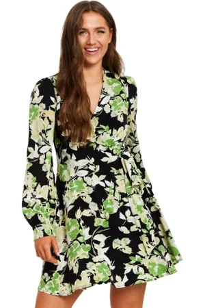 Liquorish Mini Abito Avvolgente con Stampa Floreale Verde con Maniche Lunghe in Nero Vestito da Cocktail, , 40 Donna