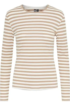 Pieces® Pcruka LS Top Noos Maglietta a Maniche Lunghe, Visone Argento/Strisce: Cloud Dancer, XS Donna