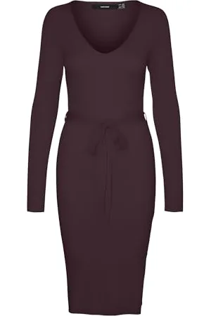 VERO MODA Vmsaba Rib LS V-Neck Belt Dress Ga Noos Abito Lavorato a Magli, , M Donna