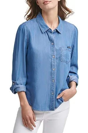 DKNY Tencel Roll Tab Puff Sleeve Blouse Maglietta, , XS Donna