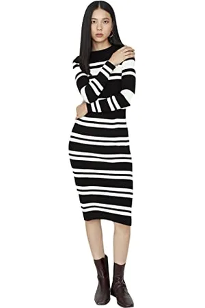 Trendyol Woman Midi Bodycon Crew Neck Knitwear Dress Vestito, Black, S Donna