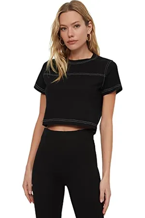 Trendyol Black Crop-Maglietta Lavorata a Maglia T-Shirt, , M Donna
