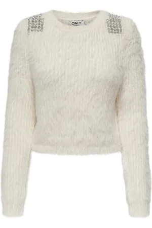 ONLY Onlsuri LS Bling Crop O-Collo Prm Knt Maglione, Cloud Dancer-Dettagli: Argento, L Donna