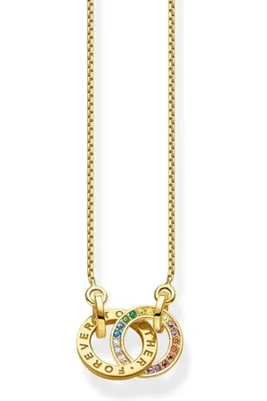 Thomas Sabo Collana da donna Together con due anelli di pietre colorate, placcata in oro giallo 750, lunghezza 55 cm, KE1488-996-7-L55V, 55cm, Argento sterling Oro Giallo, Zirconia cubica