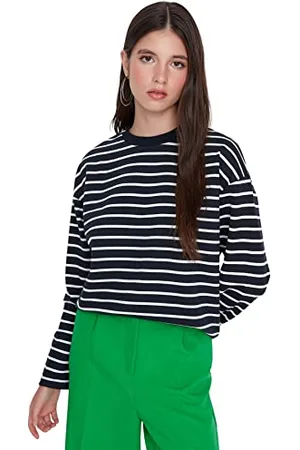 Trendyol Damen Gestreift Lange Ärmel Übergroß Sweatshirts Maglia di Tuta, Navy, M da Donna