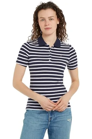 Tommy Hilfiger Donna Maglietta Polo Maniche Corte Stripe Slim Fit, Multicolore (Breton Desert Sky/Ecru), XXL