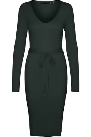 VERO MODA Vmsaba Rib LS V-Neck Belt Dress Ga Noos Abito Lavorato a Magli, Scarab, XS Donna