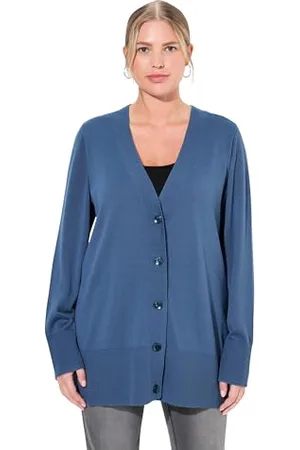 Ulla Popken Strickjacke, V-Ausschnitt, Knopfleiste, Feinstrick Pullover, , 52-54 Donna