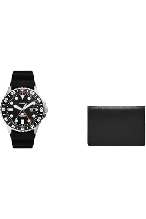 Fossil Orologio da uomo Blue GMT in silicone e portafoglio bifold Westover in pelle, nero, set