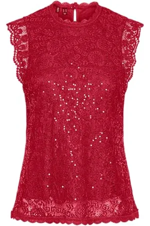 Pieces® Pcolline SL Lace Sequins Top Noos Blusenshirt, Rosso-High Risk Red, S Donna