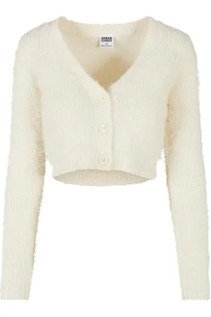 Urban classics Ladies Cropped Feather Cardigan, Maglione Cardigan, Donna, (Whitesand), M