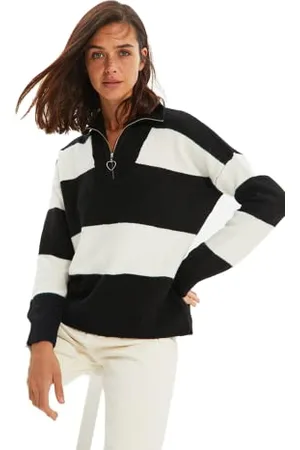Trendyol Maglione Oversize a Righe con Colletto in Piedi Maglia di Tuta, , L Donna