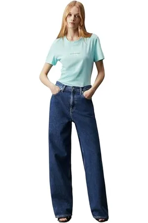 Calvin Klein Jeans T-shirt Maniche Corte Donna Monologo Slim Scollo Rotondo, Turchese (Blue Tint), XS
