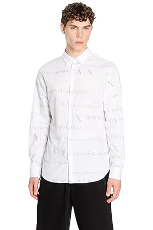 Armani Exchange Camicia in Tessuto A Maniche Lunghe in Popeline di Cotone, Taglio Classico Button-Down, , M Uomo