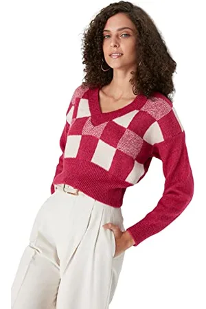 Trendyol Maglione Regolare Scozzese con Scollo a V Maglia di Tuta, Fucsia, M Donna