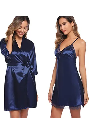 Sykooria Vestaglia Donna Seta, Pigiama Kimono Sexy Set da 2 Pezzi,Scollo V Elegante Vestaglia con Pizzo e Cintura Camicia da Notte in Raso Corta
