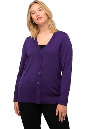Ulla Popken Strickjacke, V-Ausschnitt, Knopfleiste, Feinstrick Maglione Cardigan, Viola Profondo, 52-54 Donna