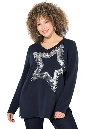 Ulla Popken Pullover, Pailletten-Stern, V-Ausschnitt, Langarm, , 56-58 Donna