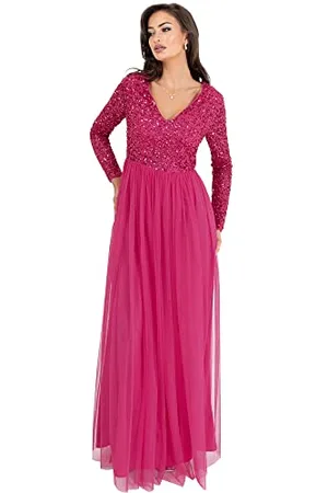 Maya Deluxe Sera da Donna, a Maniche Lunghe, Maxi Elegante, per Matrimonio, Scollo a V, Abito da Damigella d