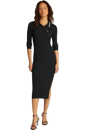 Tommy Hilfiger Donna Abito a Polo Midi Spacco sulla Gamba, Nero , M