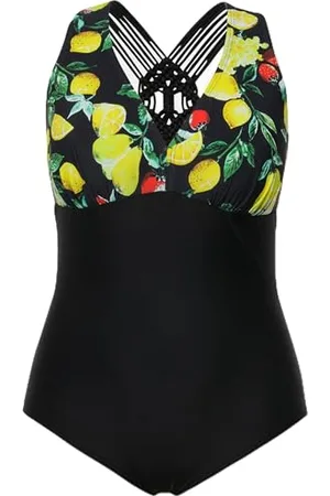 Ulla Popken Costume da Bagno Laura, macramè, Bacche di Limone 826545 Intero, , 50 Donna