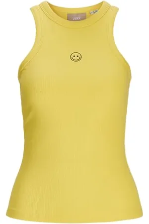 JJXX Jxforest STR SL Rib Top Jrs Canotta, Kiwi Dorato Stampa: Bianco EMB, L Donna