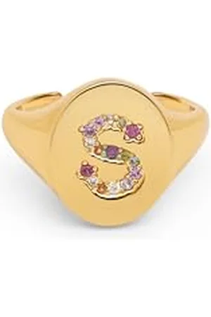 SINGULARU Anello Personalizzato Signet Letter Colors. Ottone con Finitura Placcata 18Kt. Anello con Motivo Lettera e Zirconi Colorati. Gioielli da Donna. Lettera S