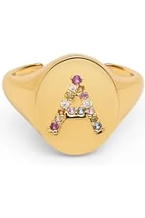 SINGULARU Anello Personalizzato Signet Letter Colors. Ottone con Finitura Placcata 18Kt. Anello con Motivo Lettera e Zirconi Colorati. Gioielli da Donna. Lettera A