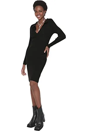 Trendyol Woman Mini Bodycon Turndown Collar Knitwear Dress Vestito, Black, S Donna