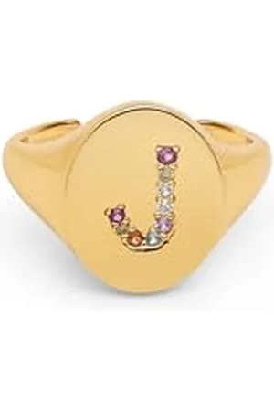 SINGULARU Anello Personalizzato Signet Letter Colors. Ottone con Finitura Placcata 18Kt. Anello con Motivo Lettera e Zirconi Colorati. Gioielli da Donna. Lettera J