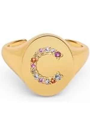 SINGULARU Anello Personalizzato Signet Letter Colors. Ottone con Finitura Placcata 18Kt. Anello con Motivo Lettera e Zirconi Colorati. Gioielli da Donna. Lettera C