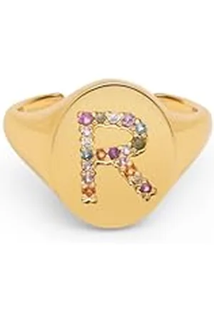 SINGULARU Anello Personalizzato Signet Letter Colors. Ottone con Finitura Placcata 18Kt. Anello con Motivo Lettera e Zirconi Colorati. Gioielli da Donna. Lettera R