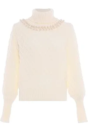Faina Maglione da Donna con Scollo Alto in Perle e Maniche a Lanterna, Taglia M/L, Colore: Lana